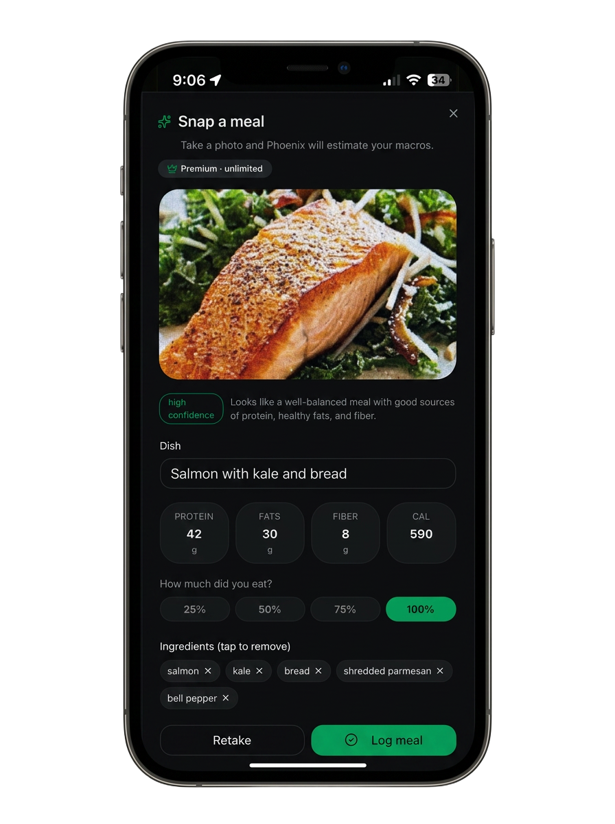 Phoenix Fitness Pro app — snap a meal photo to instantly see protein, fats, fiber and calories.
